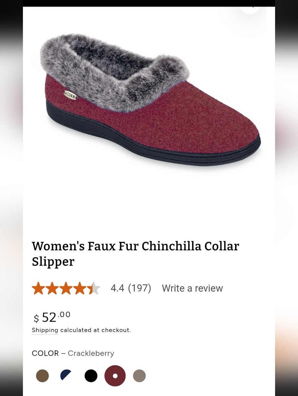 Acorn Crackleberry Faux Fur Collar Slip-On Slipper - Gray Trim Size 6.5-7.5